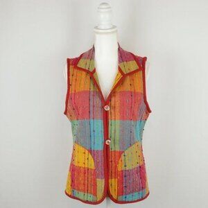 Anu Women's Small Red & Blue Plaid Cotton Collared Woven Button Up Vest